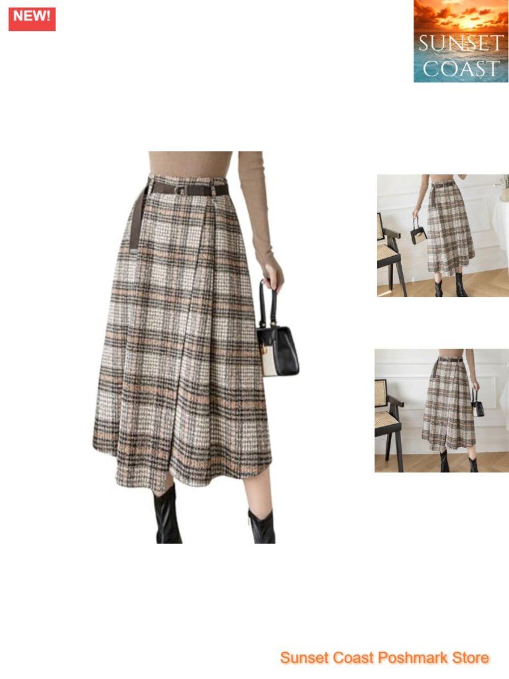 Wool Blend Houndstooth Plaid Midi Skirt A-Line with Belt